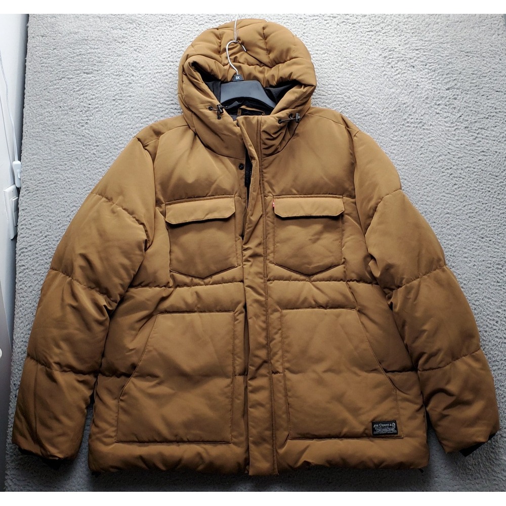 Levi's Puffer Jacket Mens XXL Brown Quilted Utility Pockets Hooded Winter Warm